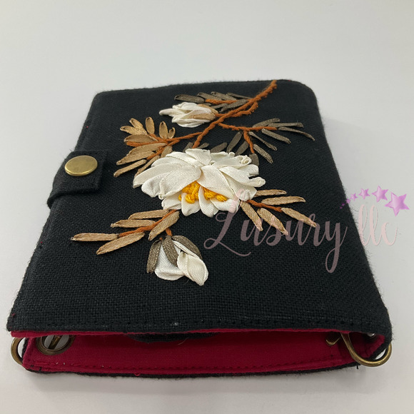 Peony Embroidery Passport Wallet, Birthday Gift, Versatile Washable, Black - Picture 4 of 13